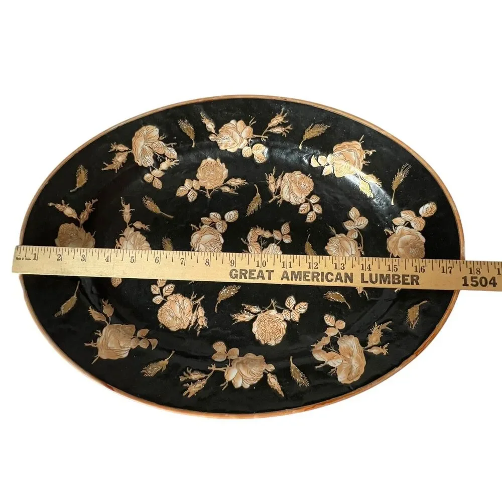 VTG Chinoiserie Polychrome Black‎ Gold Gilt Rose Floral Porcelain Platter Large